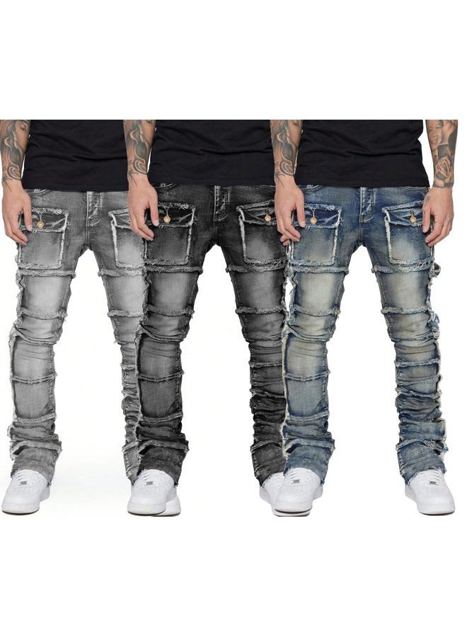 HBER Stretch Stacked Jeans Mens Slim Fit Ripped Cargo Jeans Distressed Straight Leg Hip Hop Trousers with Pockets Grey - Image 3