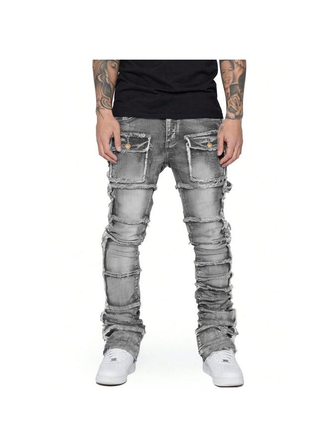 HBER Stretch Stacked Jeans Mens Slim Fit Ripped Cargo Jeans Distressed Straight Leg Hip Hop Trousers with Pockets Grey - Image 1