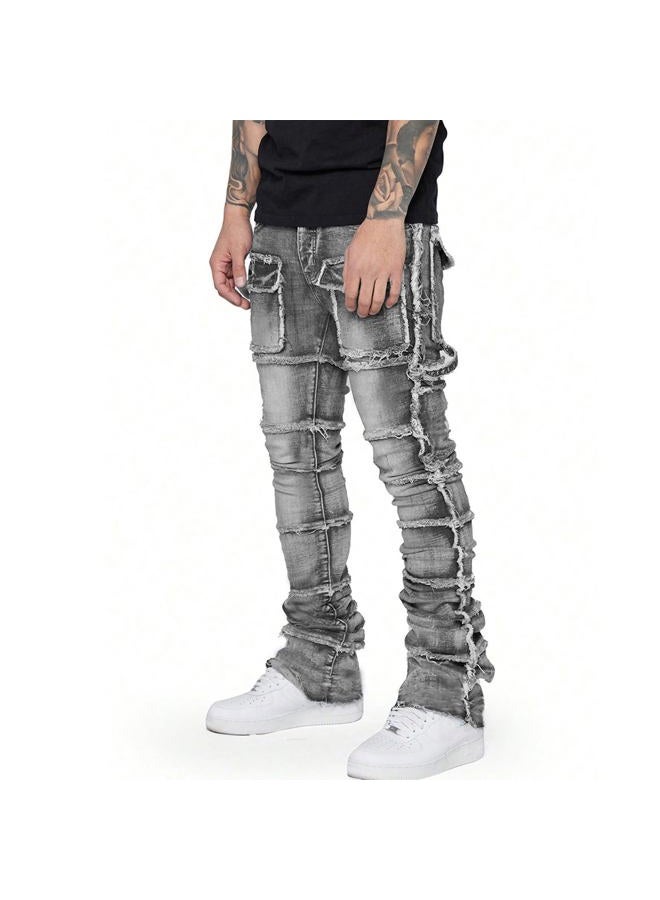 HBER Stretch Stacked Jeans Mens Slim Fit Ripped Cargo Jeans Distressed Straight Leg Hip Hop Trousers with Pockets Grey - Image 2