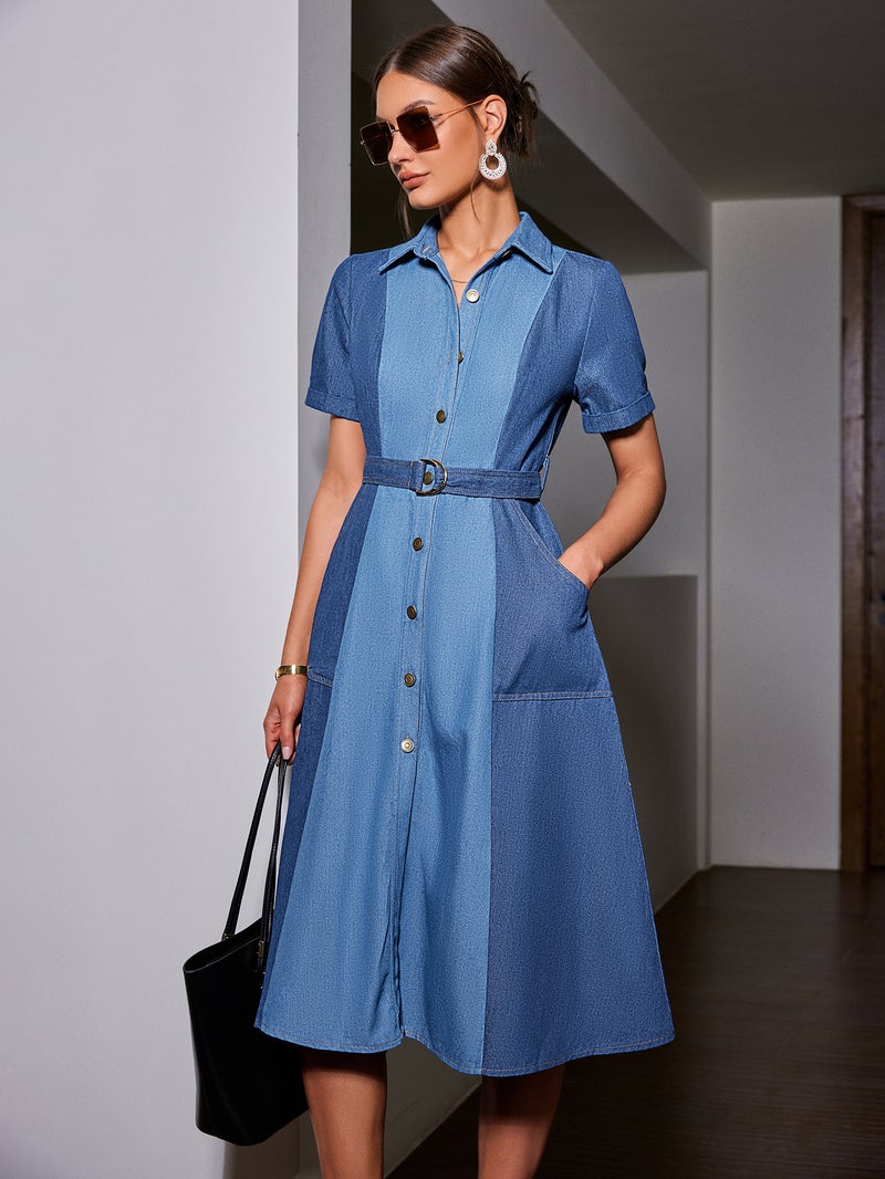 SIMPLEE Dress Shirt Collar Short Sleeve Belt Patchwork Denim Blue Casual Fashion Navy Sky Summer Trendy Modern - Image 1