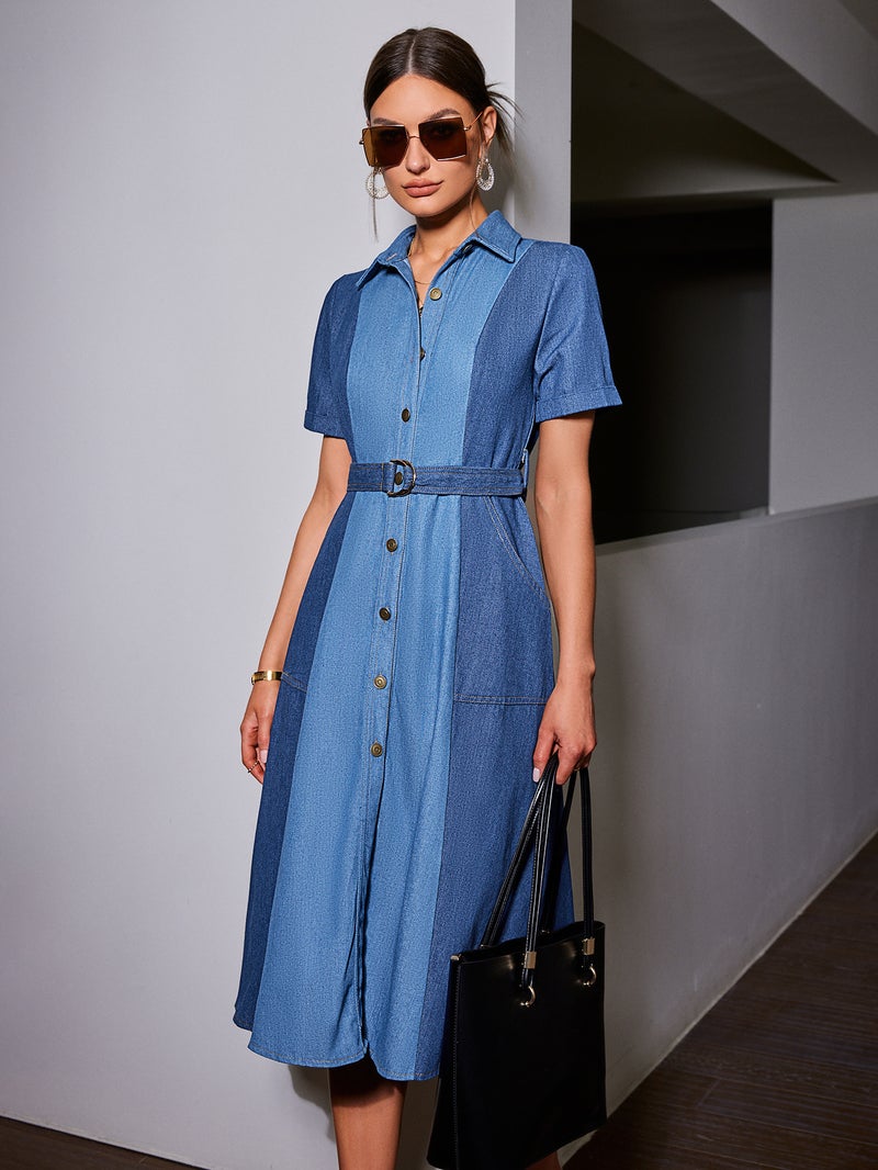 SIMPLEE Dress Shirt Collar Short Sleeve Belt Patchwork Denim Blue Casual Fashion Navy Sky Summer Trendy Modern - Image 2