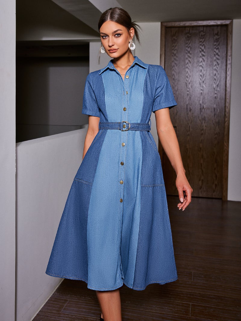 SIMPLEE Dress Shirt Collar Short Sleeve Belt Patchwork Denim Blue Casual Fashion Navy Sky Summer Trendy Modern - Image 4