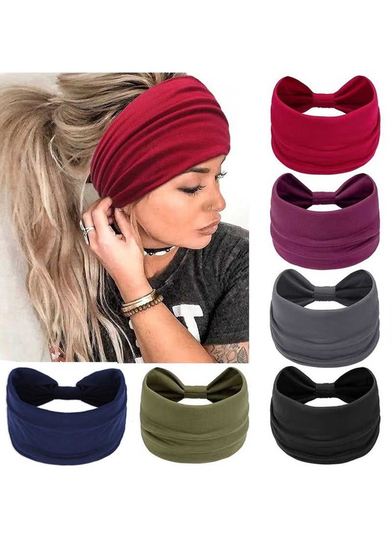 Generic 6 Pcs Wide Sport Headbands for Women, Stylish Solid Color Elastic Head Wraps, Boho Thick Hairbands, Large Athletic Yoga Turban Headband Hair Accessories  - Image 1