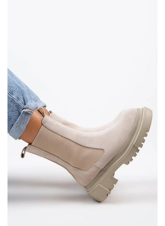 Gitana Women's Genuine Leather Double-Sided Elastic Beige Suede Boot.
