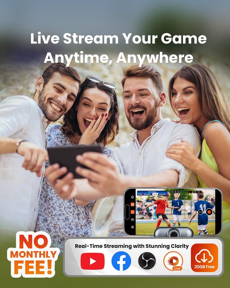 XbotGo Chameleon AI Auto Sports Action Camera - 4K 60FPS Soccer Camera and Basketball Tracking Camera for Team Sports, Live Streaming, No Subscription, Works with iOS & Android (Lava Graphite) - Image 4