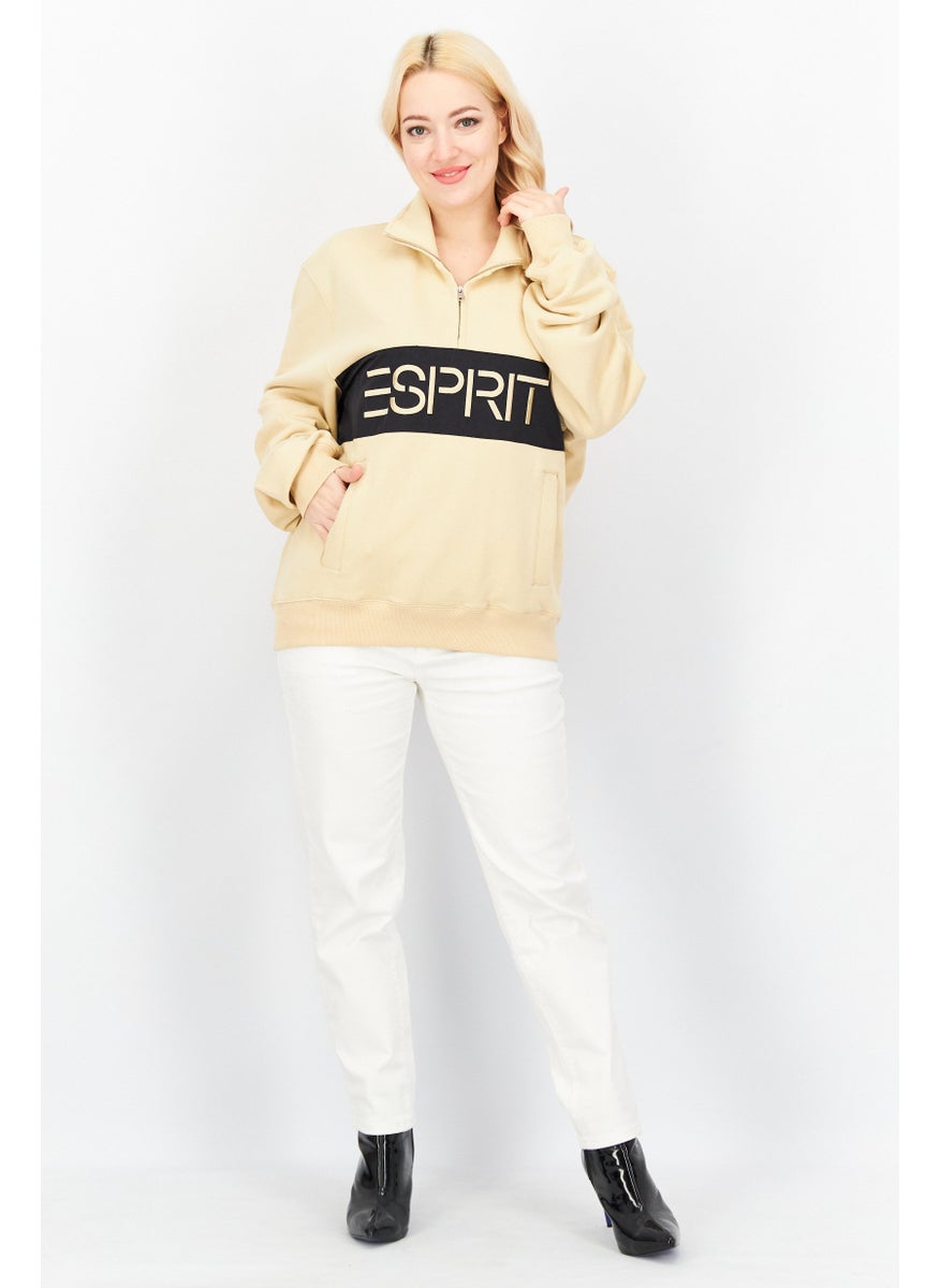 ESPRIT Women Stand Neck Embroidered Logo Sweatshirt, Beige  - Image 3