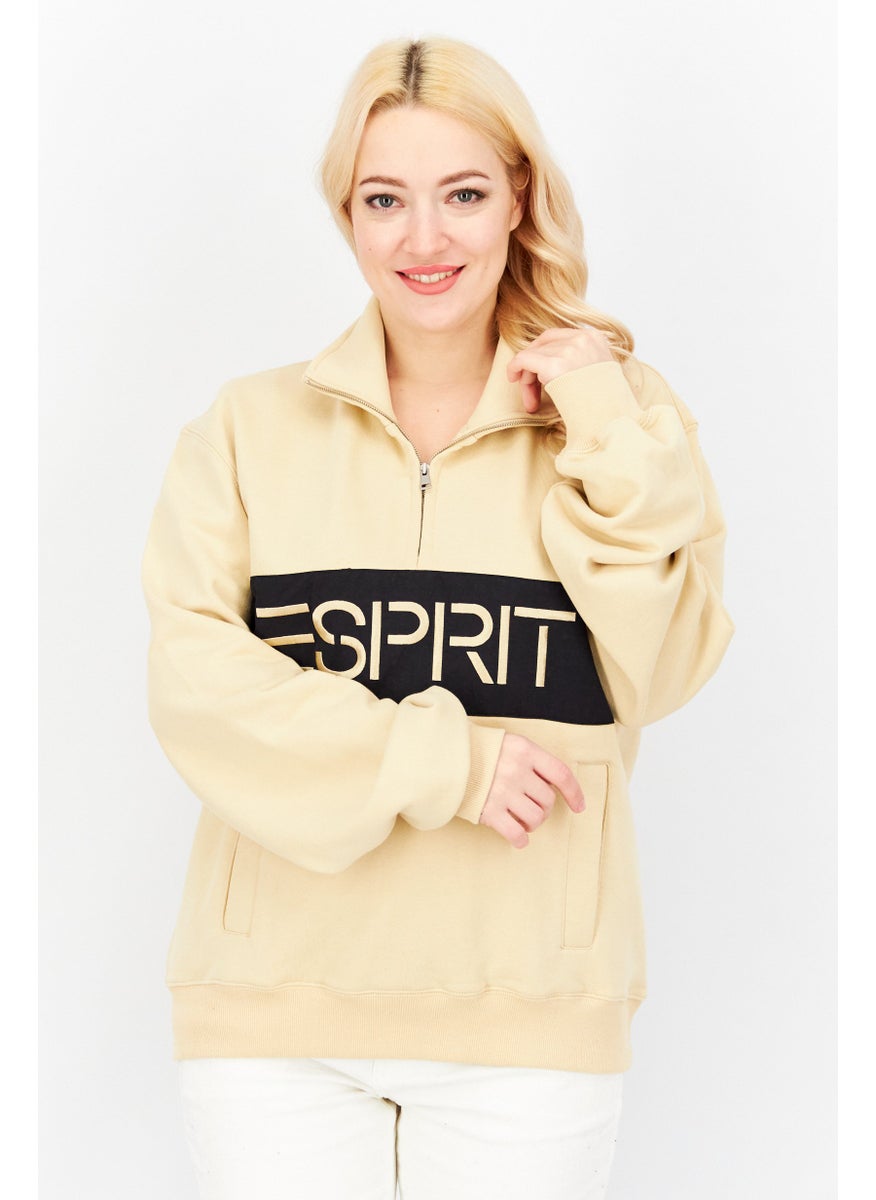 ESPRIT Women Stand Neck Embroidered Logo Sweatshirt, Beige  - Image 1