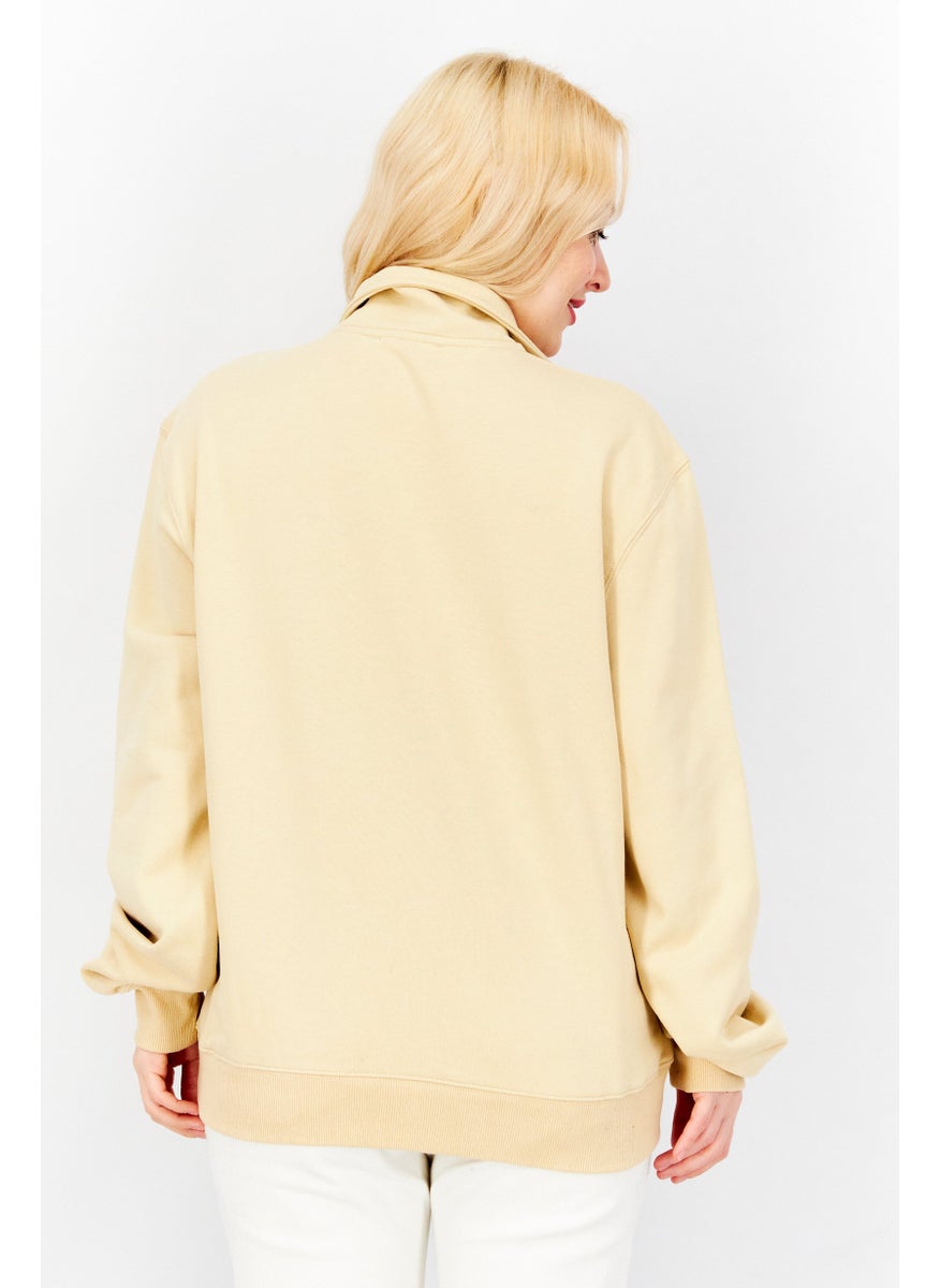 ESPRIT Women Stand Neck Embroidered Logo Sweatshirt, Beige  - Image 4