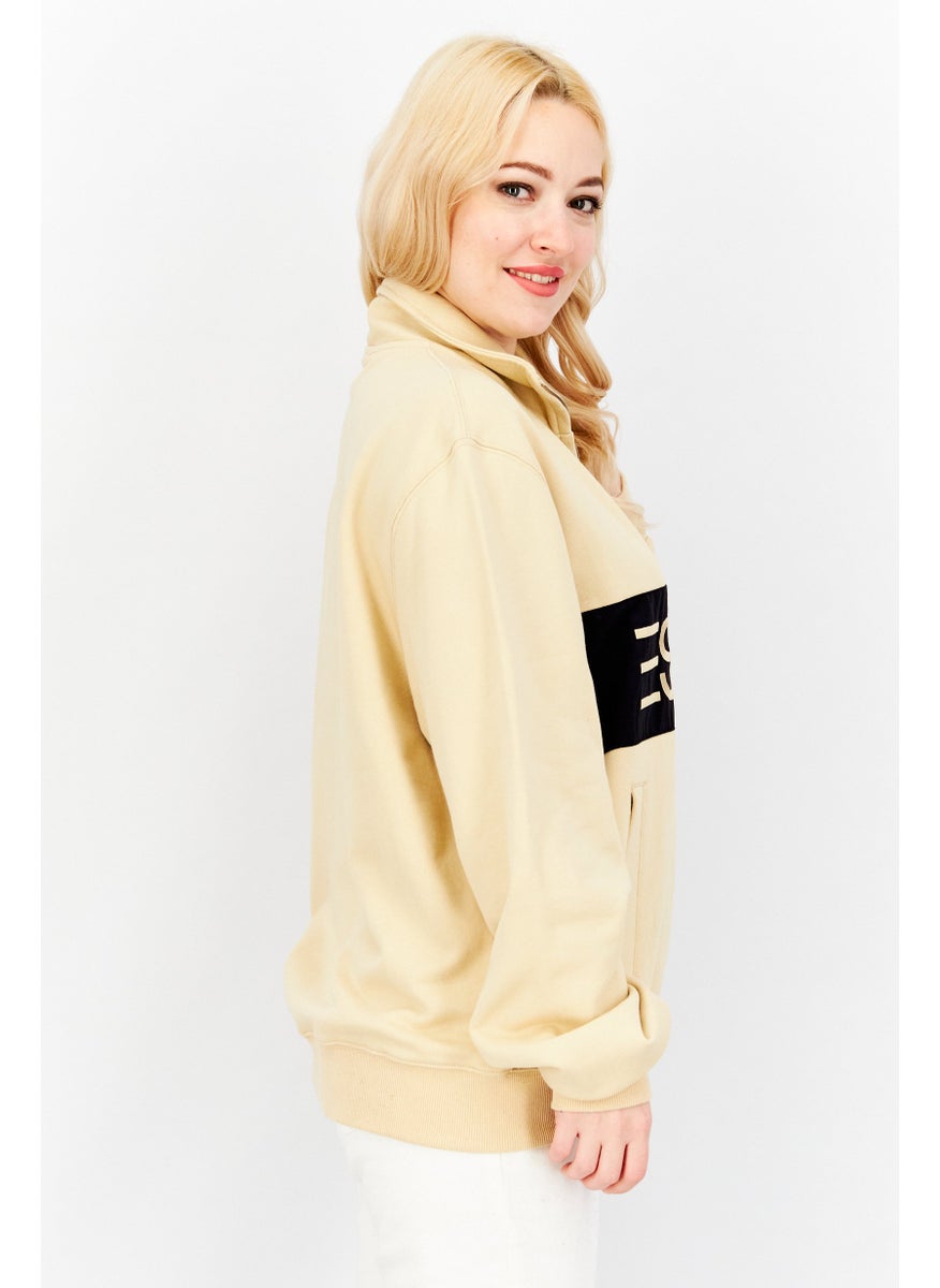 ESPRIT Women Stand Neck Embroidered Logo Sweatshirt, Beige  - Image 2