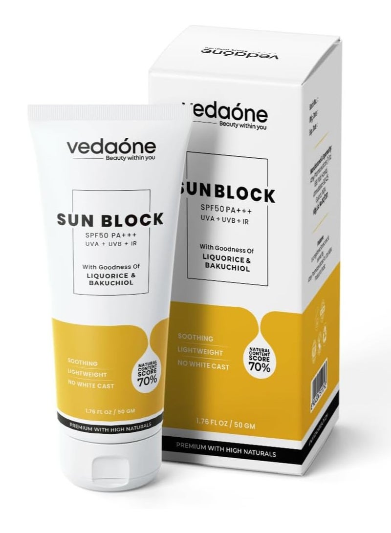 VedaOne Sun Block SPF 50+++ with Liquorice & Bakuchi Oil | 50 Grams | Natural Sunscreen for All Skin Types | Non-Greasy, Quick Absorbing, Zero White Cast | For Men, Women & Children - Image 1