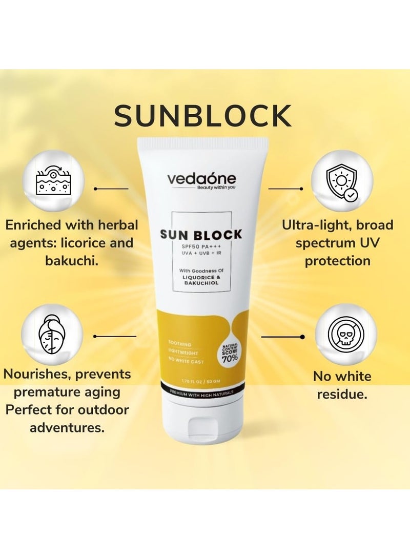 VedaOne Sun Block SPF 50+++ with Liquorice & Bakuchi Oil | 50 Grams | Natural Sunscreen for All Skin Types | Non-Greasy, Quick Absorbing, Zero White Cast | For Men, Women & Children - Image 2