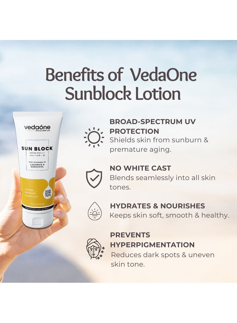 VedaOne Sun Block SPF 50+++ with Liquorice & Bakuchi Oil | 50 Grams | Natural Sunscreen for All Skin Types | Non-Greasy, Quick Absorbing, Zero White Cast | For Men, Women & Children - Image 5