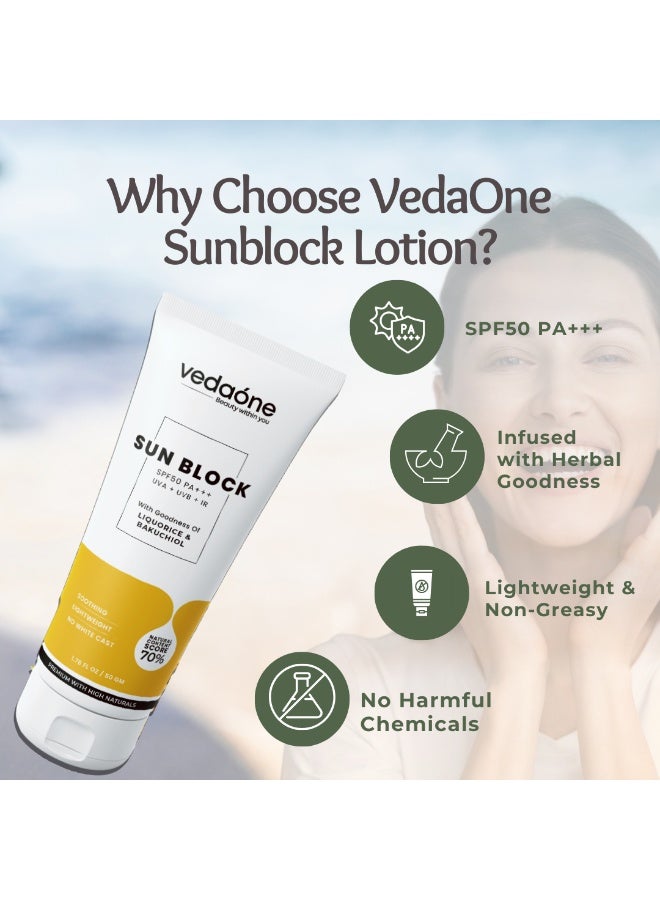 VedaOne Sun Block SPF 50+++ with Liquorice & Bakuchi Oil | 50 Grams | Natural Sunscreen for All Skin Types | Non-Greasy, Quick Absorbing, Zero White Cast | For Men, Women & Children - Image 4