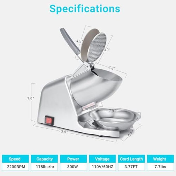 Hurmovae 300W 178 Lbs/Hr Etl-Listed Dual Blade Electric Ice Shaver Machine With Ice Pick, Ice Crusher For Home Use And Commercial, Shaved Ice Machine, Ice Grinder, Silver - Image 3