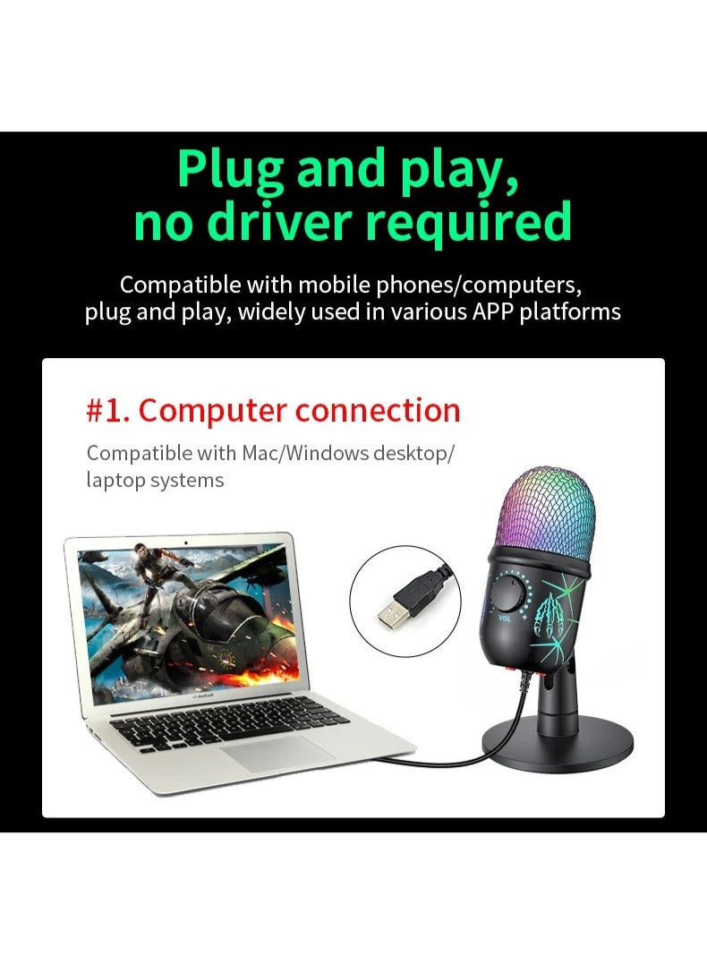ميكروفون الألعاب الاحترافي ZFSZ V5 USB - ميكروفون مكثف ديناميكي بتقنية RGB مزود بتحكم في مستوى الصوت وتصميم شبكي على شكل خلية نحل ووظيفة كتم الصوت، يعمل بنظام التوصيل والتشغيل (Plug & Play) مع أجهزة الكمبيوتر الشخصي وPS5 وMac، مثالي للبث المباشر والبودكاست وDiscord - Image 5