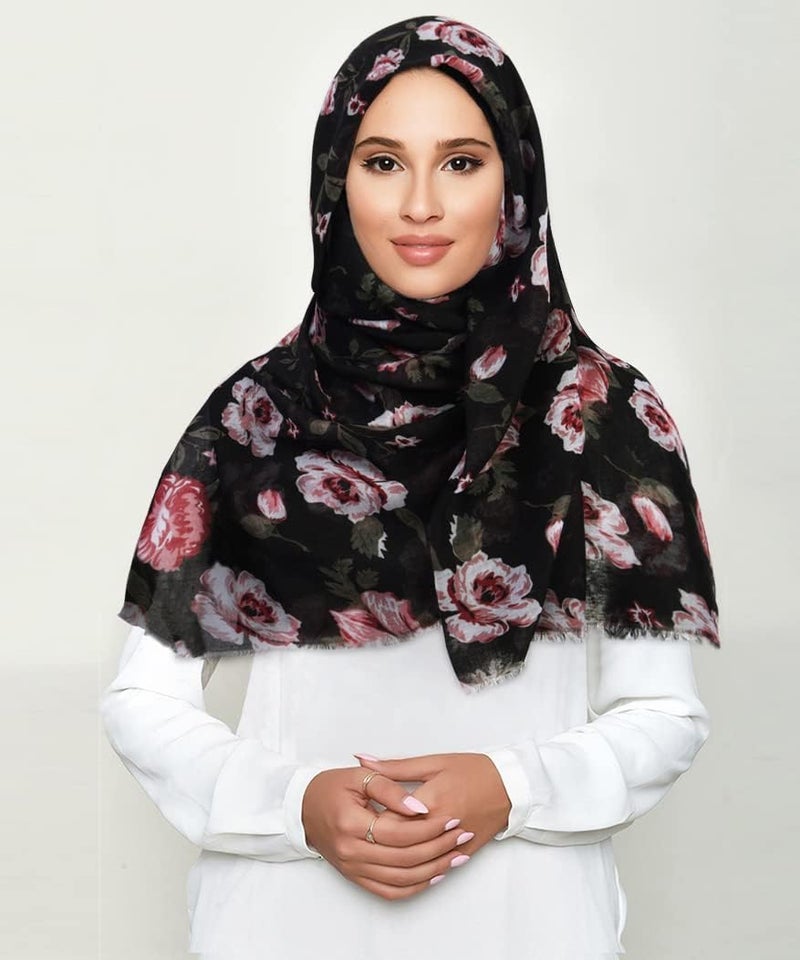 GERINLY Lightweight Rose Scarves: Fashion Flowers Print Shawl Wrap For Women Head Scarf Bufandas Floreadas (Black) - Image 4