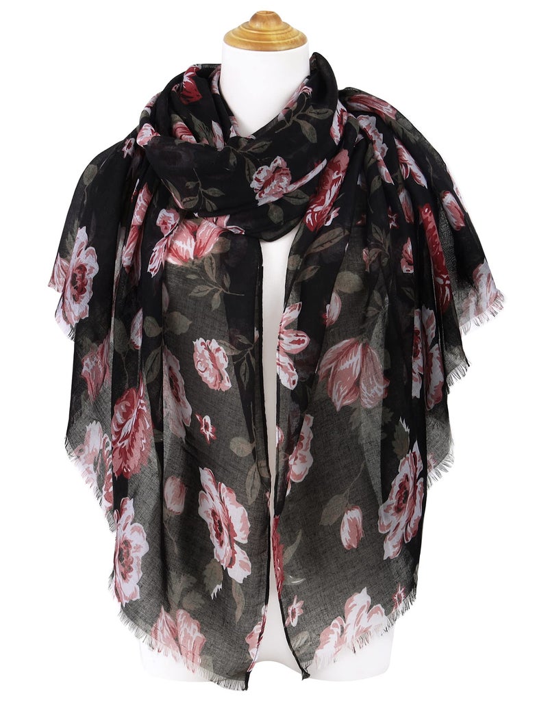 GERINLY Lightweight Rose Scarves: Fashion Flowers Print Shawl Wrap For Women Head Scarf Bufandas Floreadas (Black) - Image 2