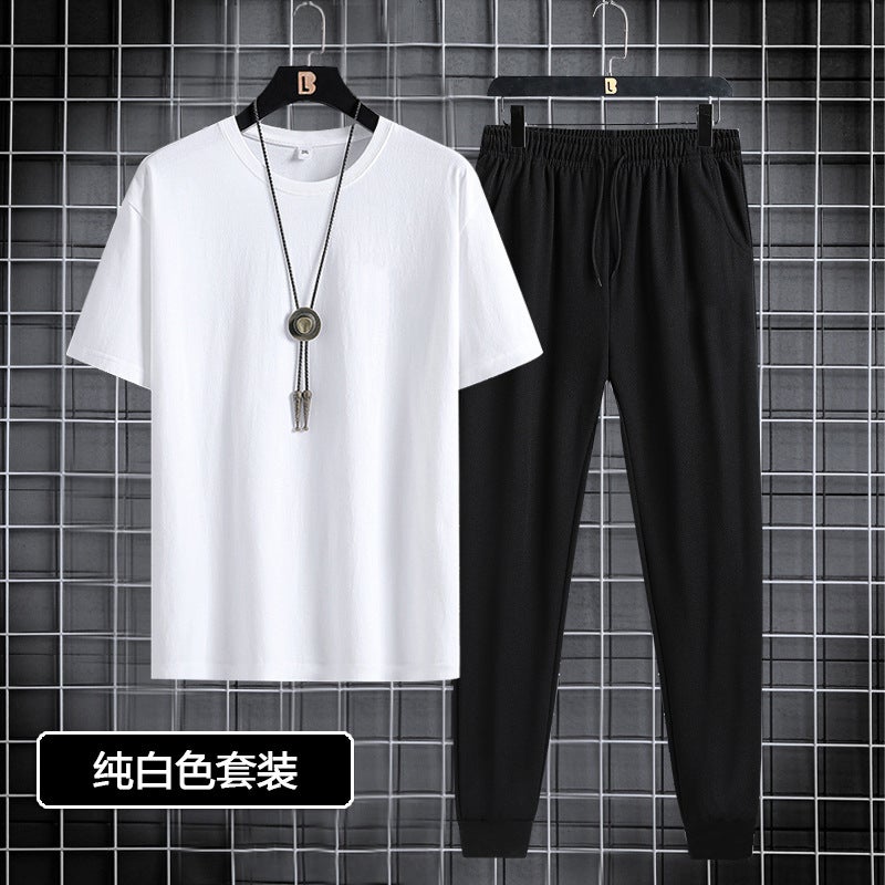 Short-sleeved trousers suit men's 2024 New Youth Men's sports casual round neck trendy printed two-piece suit - Image 1
