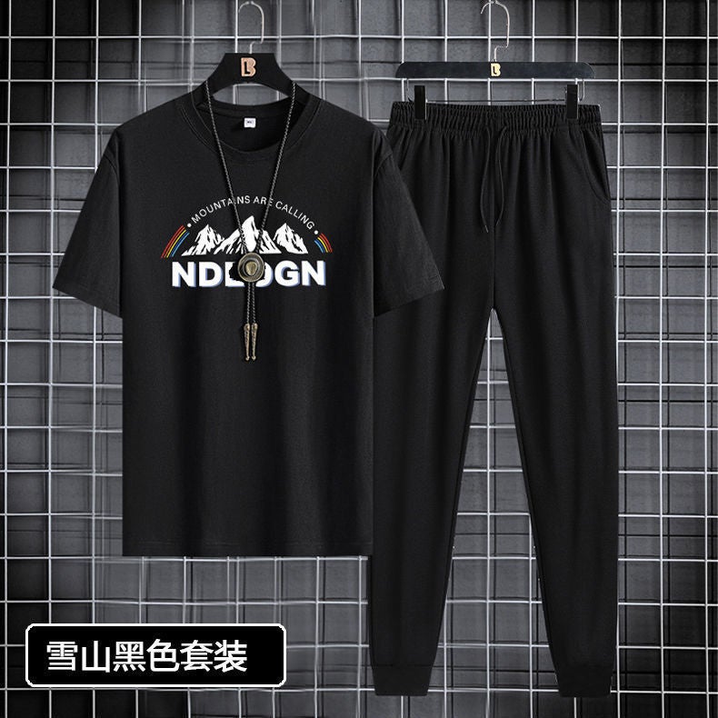 Short-sleeved trousers suit men's 2024 New Youth Men's sports casual round neck trendy printed two-piece suit - Image 3