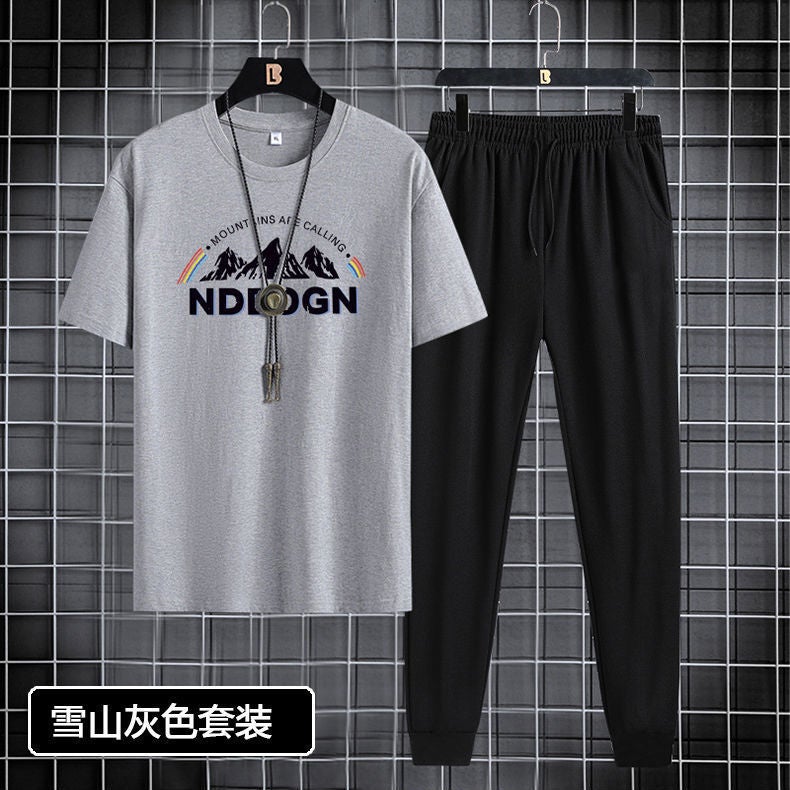 Short-sleeved trousers suit men's 2024 New Youth Men's sports casual round neck trendy printed two-piece suit - Image 2
