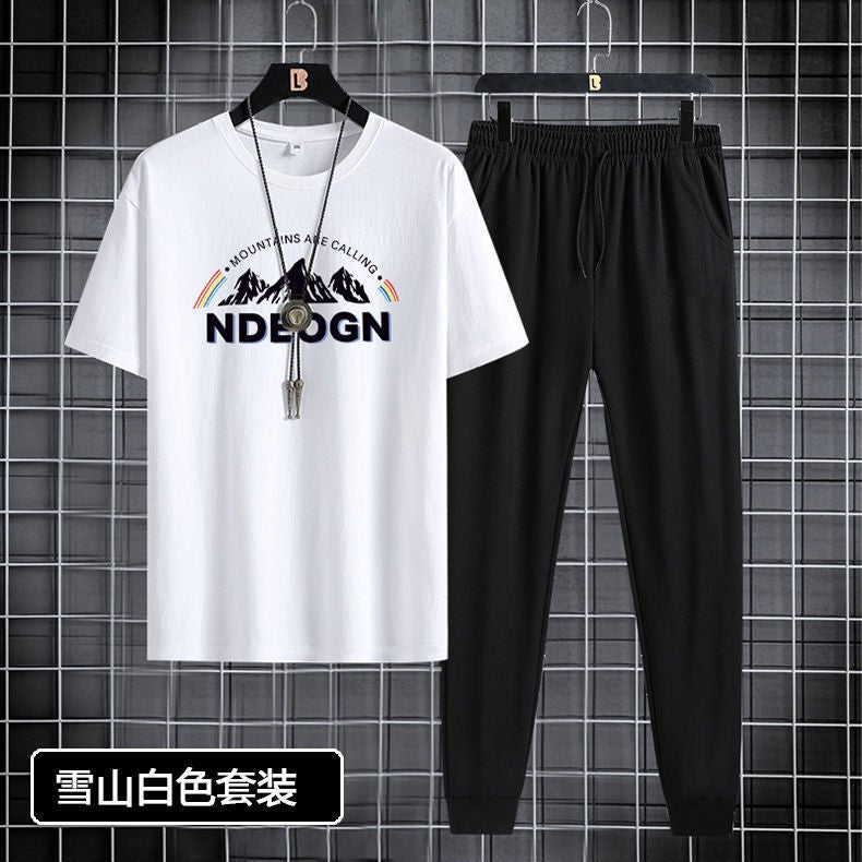 Short-sleeved trousers suit men's 2024 New Youth Men's sports casual round neck trendy printed two-piece suit - Image 4