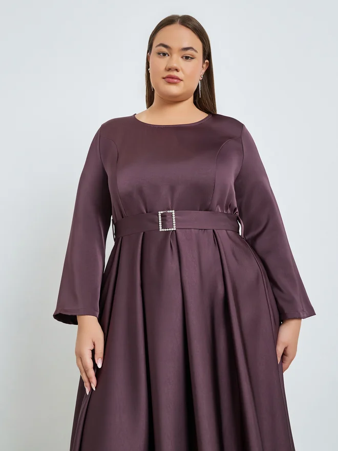 Styli Plus Size Satin A-Line Maxi Dress with Belt