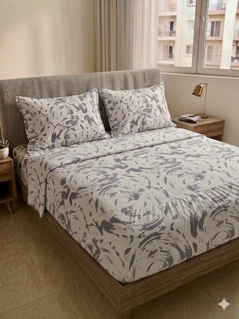 Yarlin-Cotton 100% Bed Set (Fitted Bedsheet for 200 cm beds and 2 Small Pillowcases (Gray Circles) Design