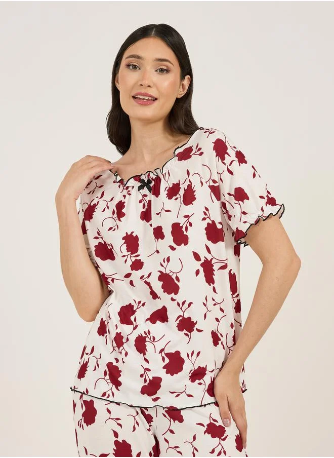 Styli All Over Floral Print Gathered Neck Top & Pyjama Set