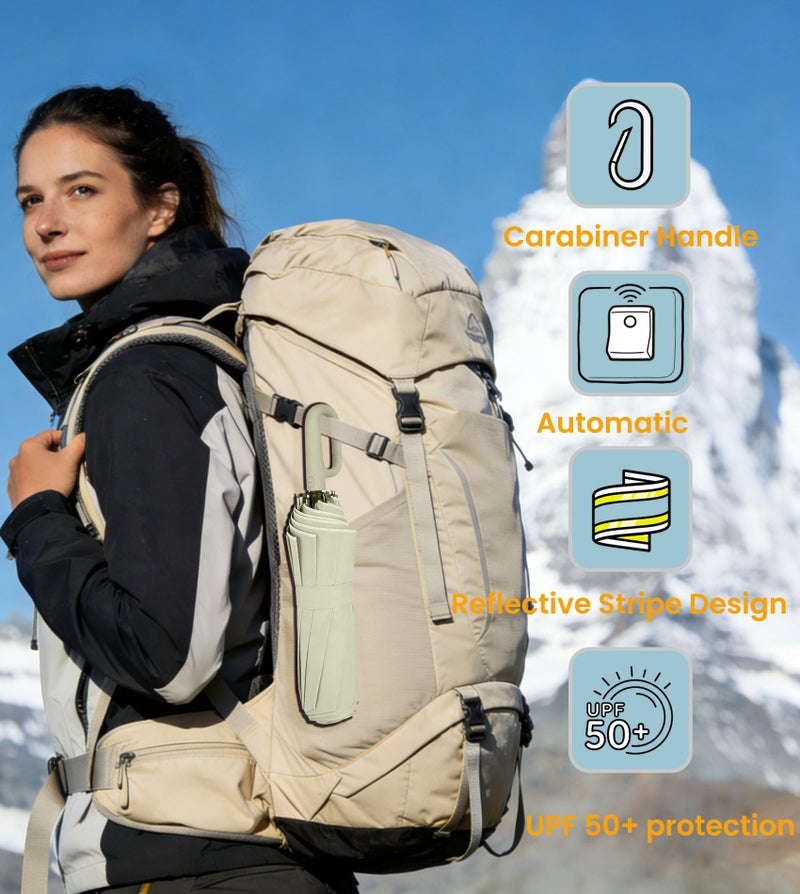SIEPASA Travel Umbrella with Carabiner Handle - Windproof 10 Ribs Auto Open/Close for Rain & Sun Protection, Compact Portable Clip-on Backpack Design with Safety Reflective Strip.(Beige) - Image 4