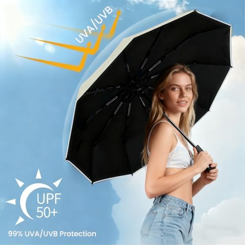 SIEPASA Travel Umbrella with Carabiner Handle - Windproof 10 Ribs Auto Open/Close for Rain & Sun Protection, Compact Portable Clip-on Backpack Design with Safety Reflective Strip.(Beige) - Image 5