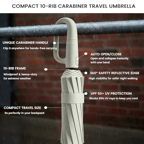 SIEPASA Travel Umbrella with Carabiner Handle - Windproof 10 Ribs Auto Open/Close for Rain & Sun Protection, Compact Portable Clip-on Backpack Design with Safety Reflective Strip.(Beige) - Image 2