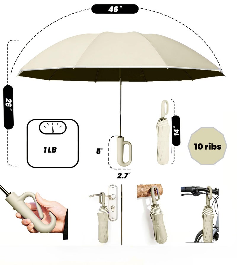 SIEPASA Travel Umbrella with Carabiner Handle - Windproof 10 Ribs Auto Open/Close for Rain & Sun Protection, Compact Portable Clip-on Backpack Design with Safety Reflective Strip.(Beige) - Image 3