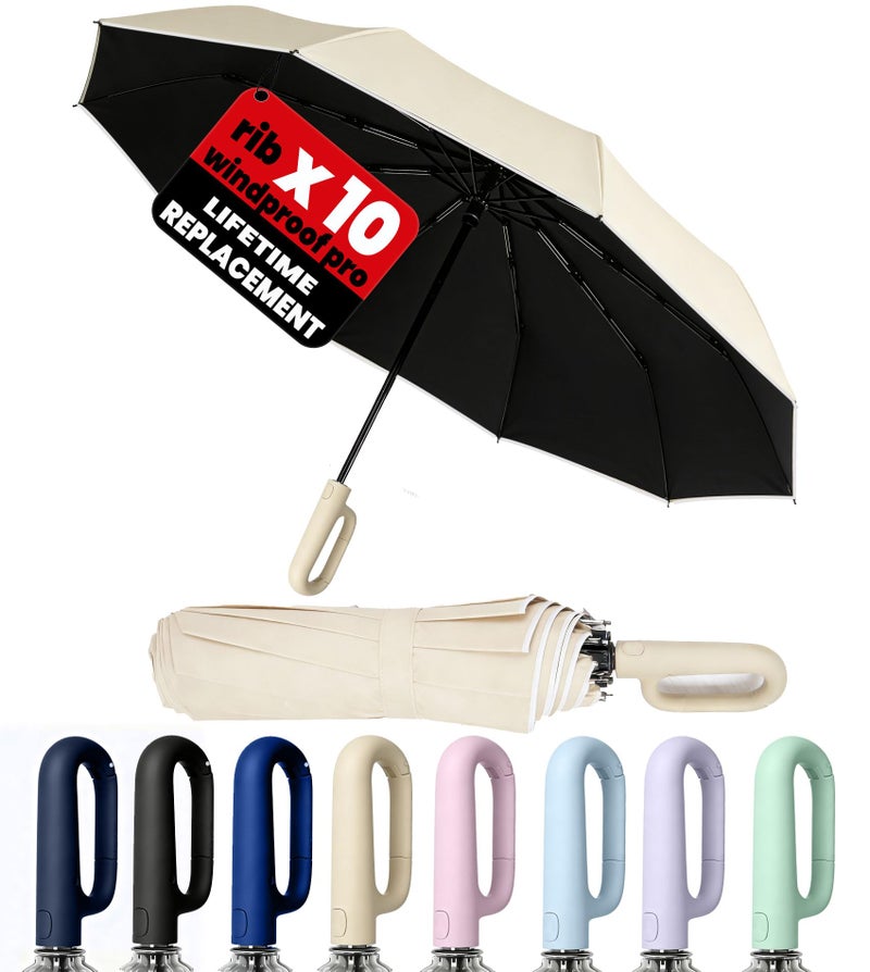 SIEPASA Travel Umbrella with Carabiner Handle - Windproof 10 Ribs Auto Open/Close for Rain & Sun Protection, Compact Portable Clip-on Backpack Design with Safety Reflective Strip.(Beige) - Image 1