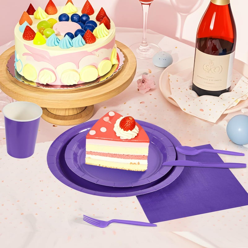 Ottin 169pcs Purple Paper Plates and Napkins Party Supplies Plastic Spoon Forks Knives Cups Tablecloth Disposable Decoration for Birthday Wedding Dinner Party Baby Shower Mother's Day Easter - Image 4