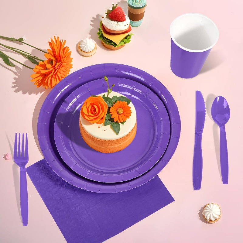 Ottin 169pcs Purple Paper Plates and Napkins Party Supplies Plastic Spoon Forks Knives Cups Tablecloth Disposable Decoration for Birthday Wedding Dinner Party Baby Shower Mother's Day Easter - Image 2