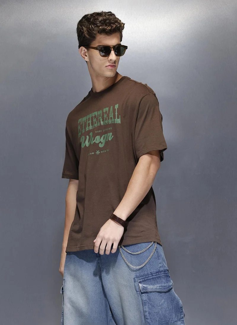روجن Men’s oversized graphic print t-shirt | Brown