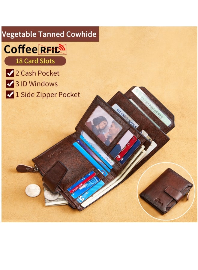 دانتي محفظة رجالية مضادة للسرقة بسحاب من الجلد الطبيعي من الطبقة الأولى من جلد البقر (بني) - Image 1