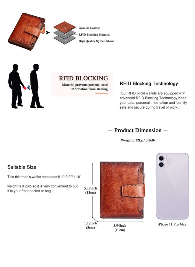 دانتي محفظة رجالية مضادة للسرقة بسحاب من الجلد الطبيعي من الطبقة الأولى من جلد البقر (بني) - Image 3