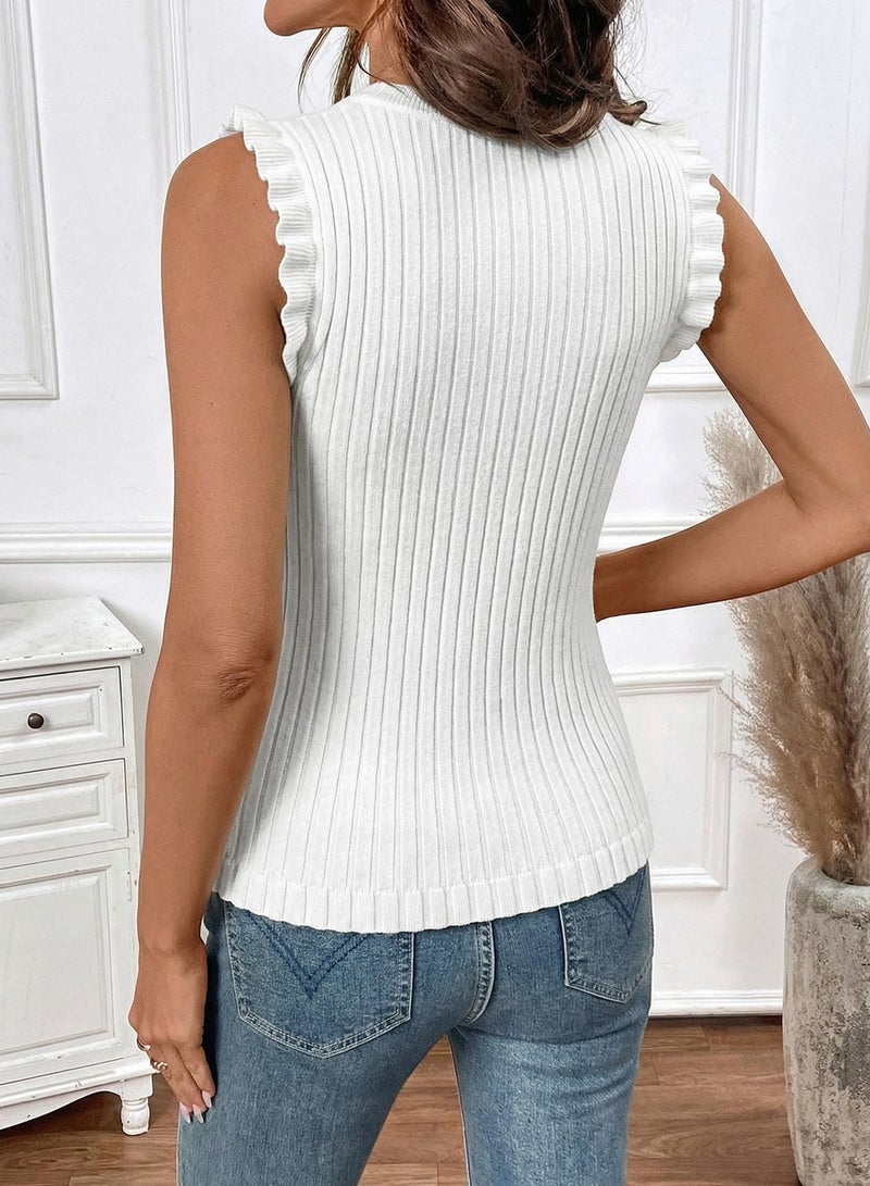 Sidefeel Womens Sweaters Top Casual Summer Sleeveless Crew Neck Ribbed Knit Trendy Ruffle Hem Slim Fit Tank Tops White Size S - Image 2