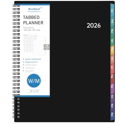 BooQool 2026 Planner – Planner 2026 Weekly and Monthly, 9" x 11", Large, Jan 2026 – Dec 2026, 12 Monthly Tabs, Strong Twin-Wire Binding, Inner Pocket, Hardcover, Black - Image 1