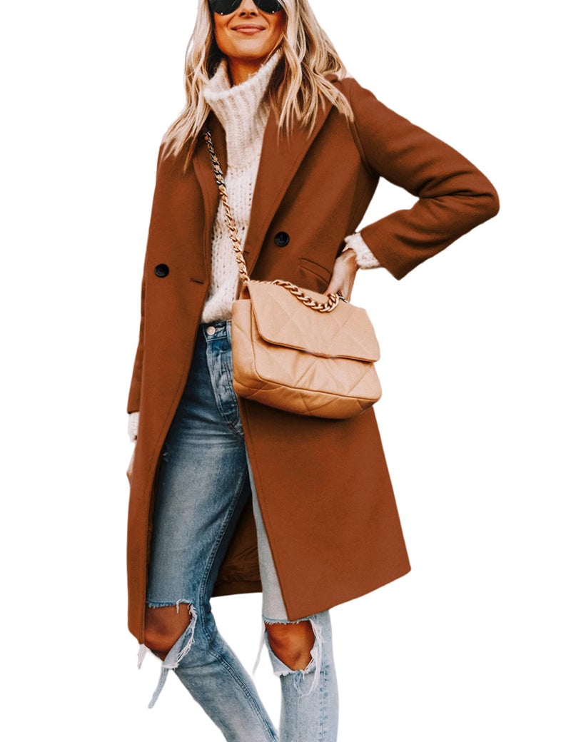 Hooever Womens Winter Wool Coat Casual Notch Lapel SingleBreasted PeacoatCaramelXXL