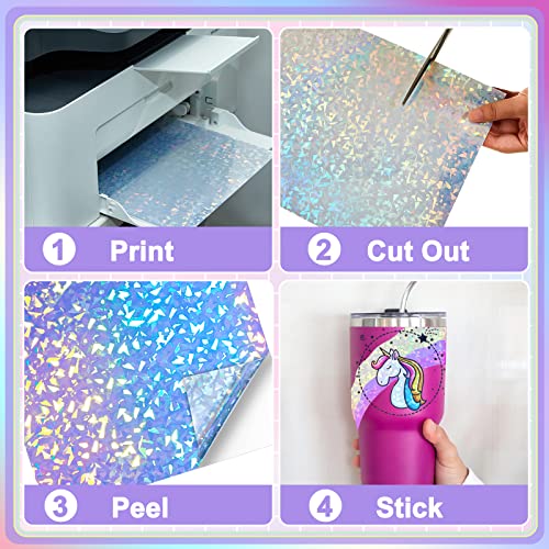 Clabby 60 Sheets Printable Holographic Laminate Sheets Vinyl Sticker Paper Printable Holographic Sticker Paper for Inkjet/Laser Printer Waterproof with Gem Rainbow Spot Star Patterns 8.5 x 11" - Image 4