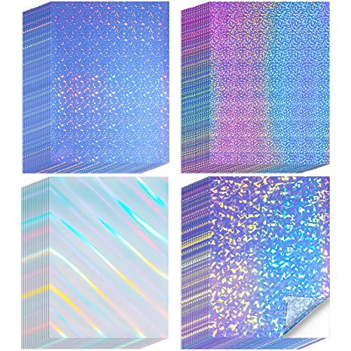 Clabby 60 Sheets Printable Holographic Laminate Sheets Vinyl Sticker Paper Printable Holographic Sticker Paper for Inkjet/Laser Printer Waterproof with Gem Rainbow Spot Star Patterns 8.5 x 11" - Image 1
