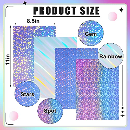 Clabby 60 Sheets Printable Holographic Laminate Sheets Vinyl Sticker Paper Printable Holographic Sticker Paper for Inkjet/Laser Printer Waterproof with Gem Rainbow Spot Star Patterns 8.5 x 11" - Image 2