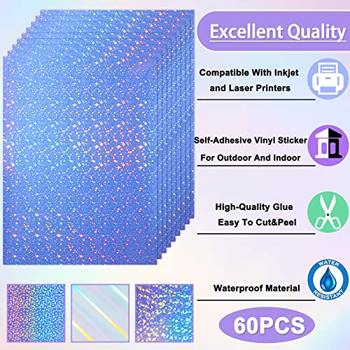 Clabby 60 Sheets Printable Holographic Laminate Sheets Vinyl Sticker Paper Printable Holographic Sticker Paper for Inkjet/Laser Printer Waterproof with Gem Rainbow Spot Star Patterns 8.5 x 11" - Image 3