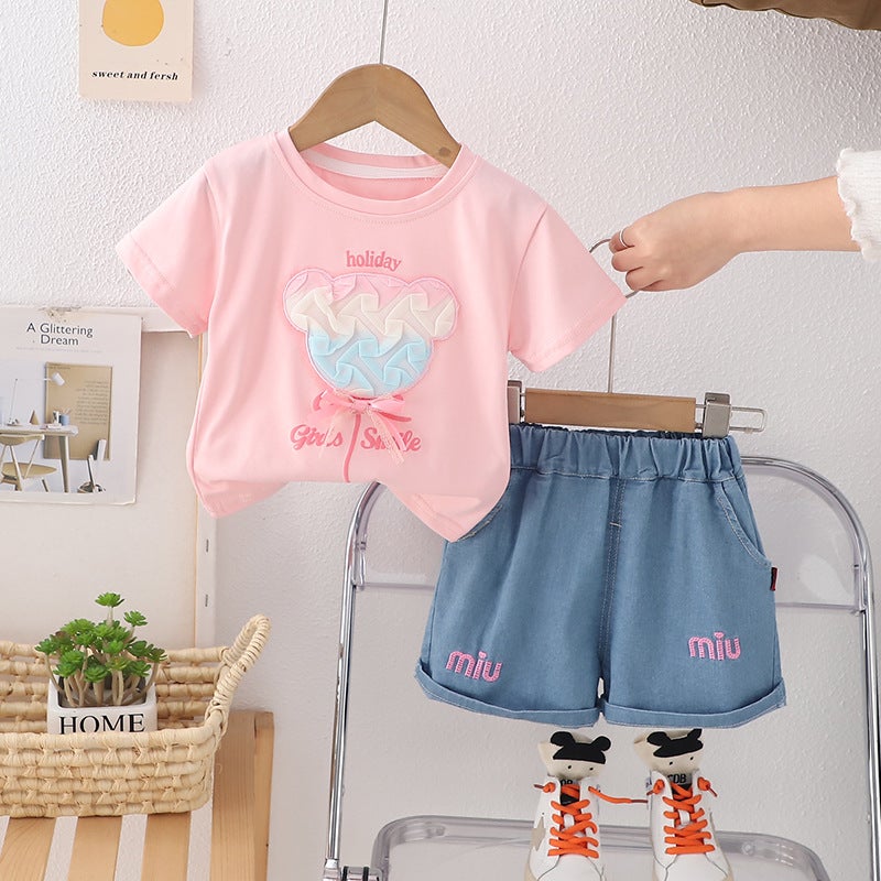 Girls Summer suit 2025 New Childrens Summer Short-sleeved Casual Female Baby Korean-style Cartoon Two-piece Set Pink 