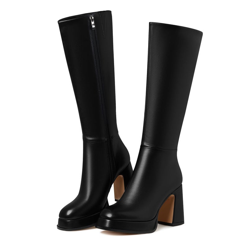 EQAUDES Black Platform Knee High Chunky Heel Boots Fall Boots for Women 2025 Leather Square Toe Side Zipper Size 7 - Image 1