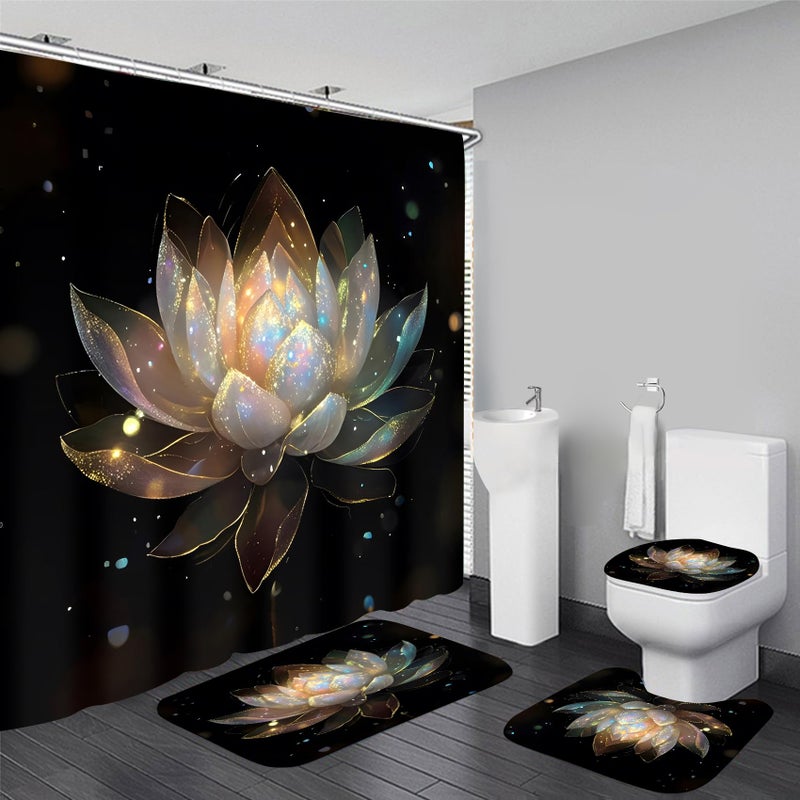 AZHM 4PCS Lotus Shower Curtain Set Black and Gold Flower Bathroom Decor Sets with Shower Curtain and Rugs and Accessories with 12 Hooks for Toilet - Image 1