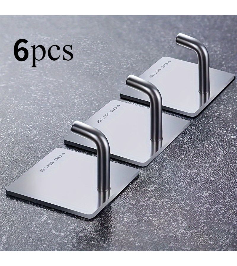 6 Piece Stainless Steel Adhesive Hooks Heavy Duty Kitchen Bathroom Wall Mount - Image 3