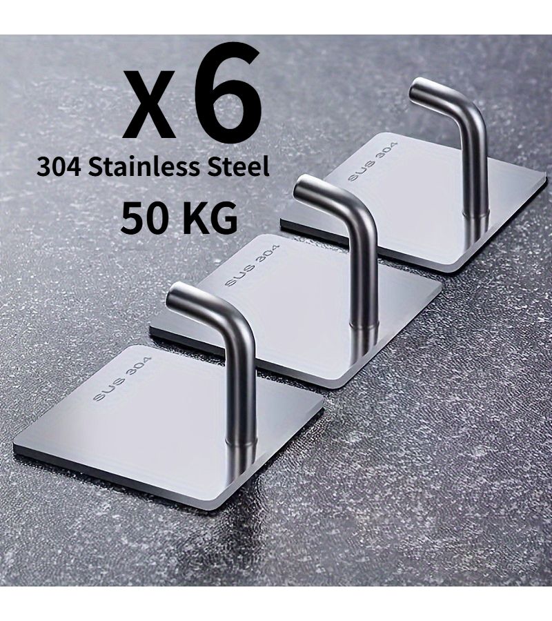 6 Piece Stainless Steel Adhesive Hooks Heavy Duty Kitchen Bathroom Wall Mount - Image 1